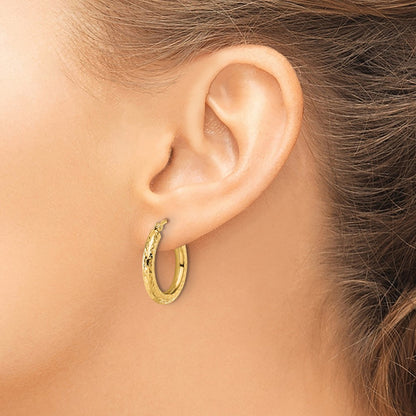 14K Yellow Gold Diamond Cut 3mm Round Hoop Earrings