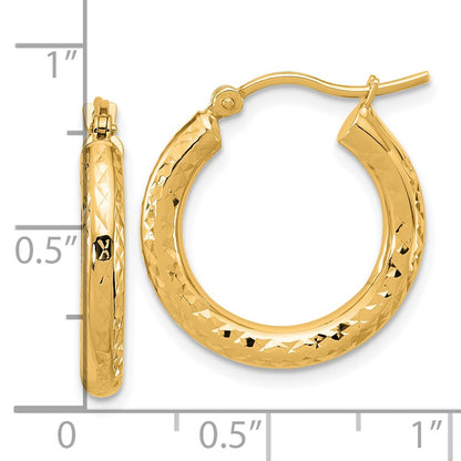 14K Yellow Gold Diamond Cut 3mm Round Hoop Earrings