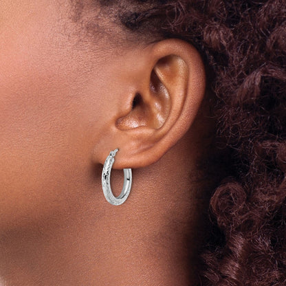 14K White Gold Diamond Cut 3mm Round Hoop Earrings