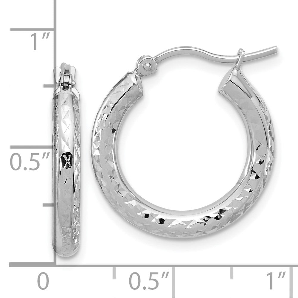 14K White Gold Diamond Cut 3mm Round Hoop Earrings