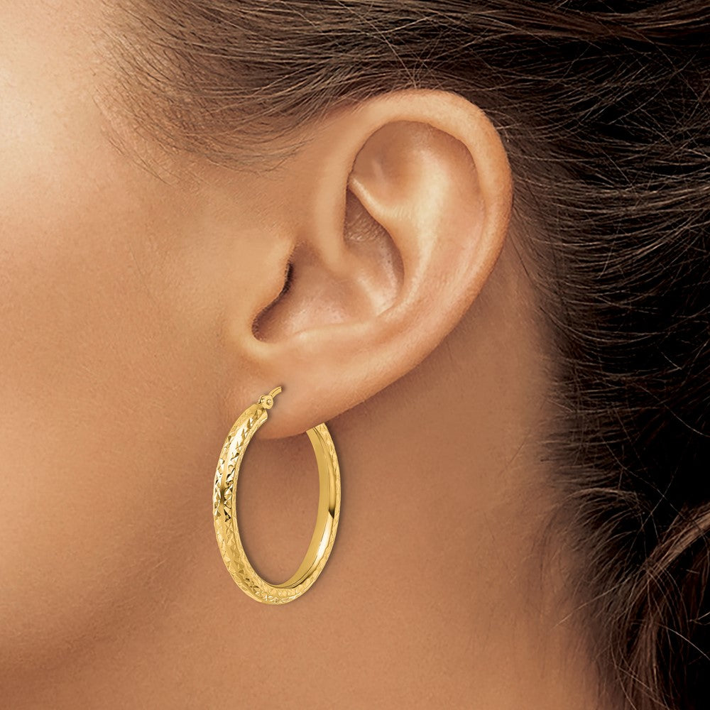 14K Yellow Gold Diamond Cut 3mm Round Hoop Earrings
