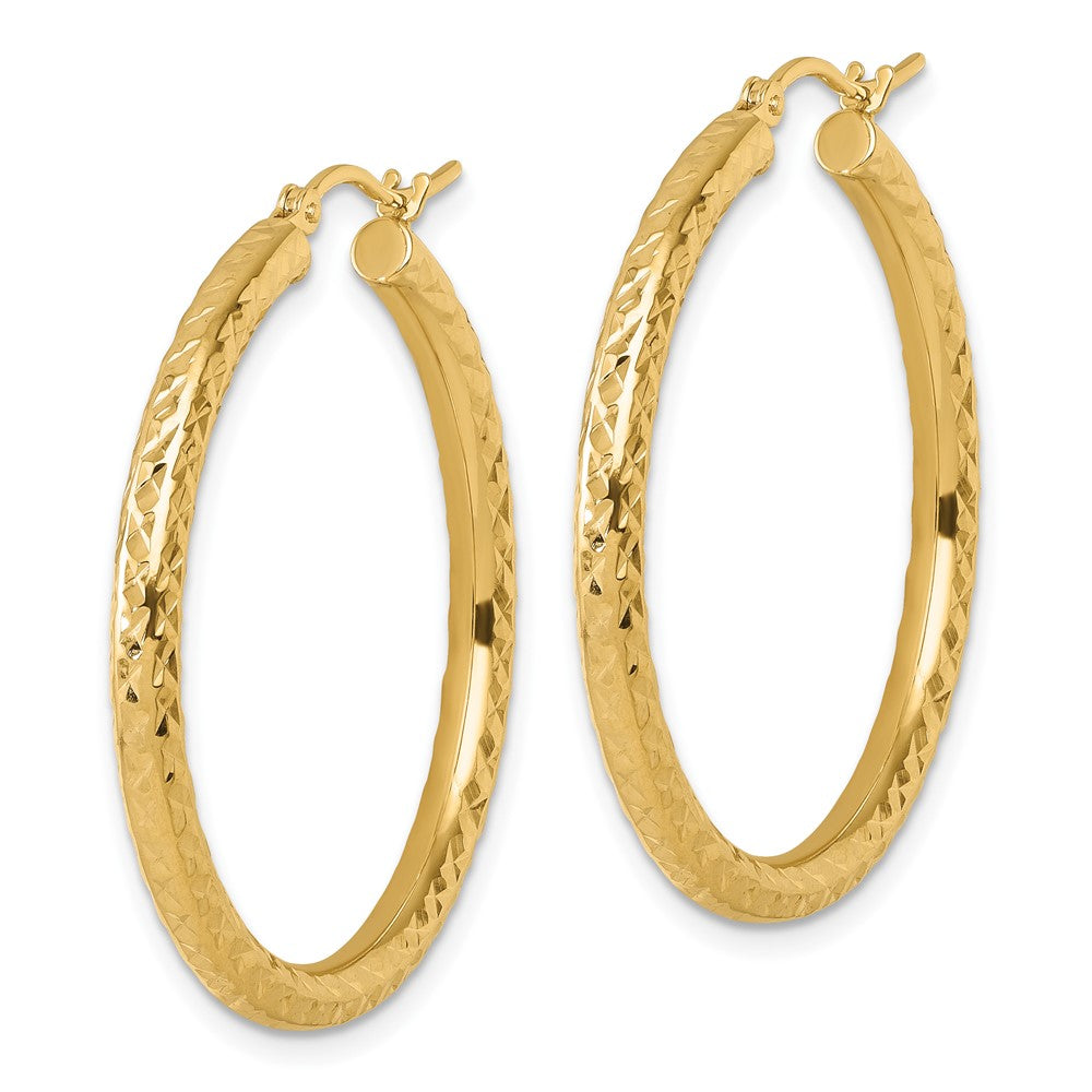 14K Yellow Gold Diamond Cut 3mm Round Hoop Earrings