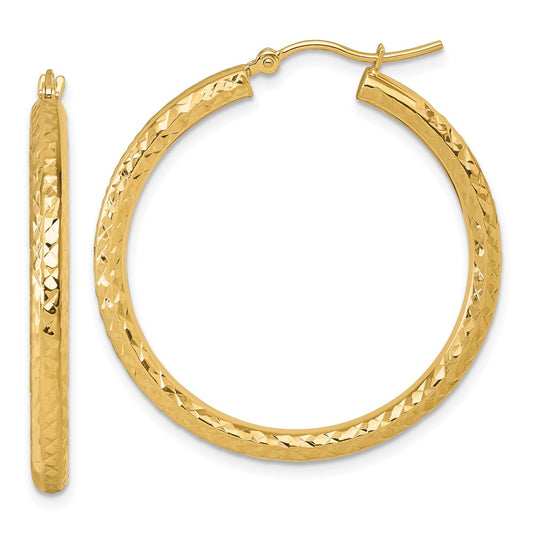14K Yellow Gold Diamond Cut 3mm Round Hoop Earrings