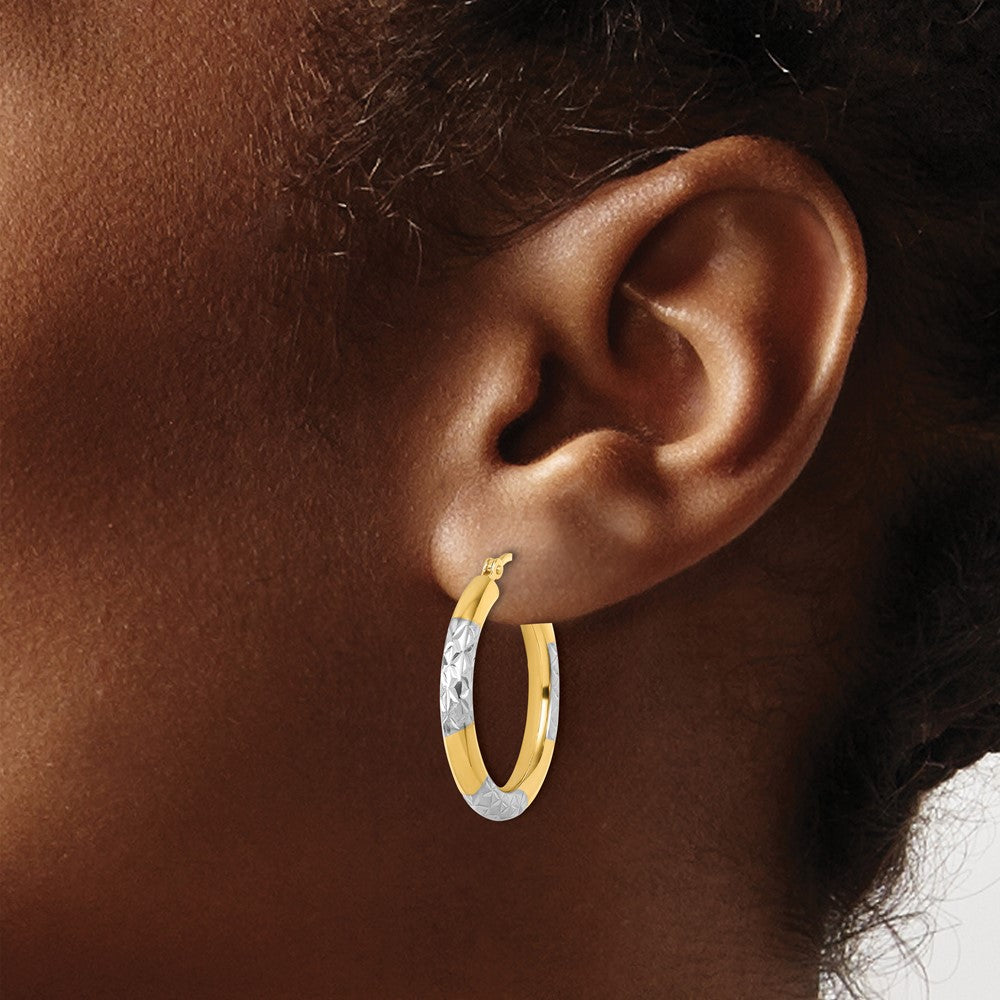 14K Yellow & Rhodium With Diamond Cut 3mm Hoop Earrings