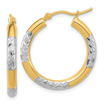14K Yellow & Rhodium With Diamond Cut 3mm Hoop Earrings