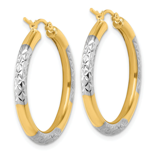 14K Yellow & Rhodium With Diamond Cut 3mm Hoop Earrings