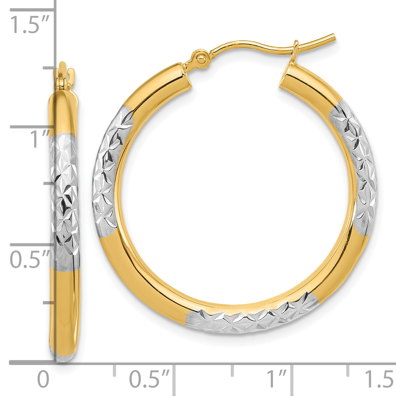 14K Yellow & Rhodium With Diamond Cut 3mm Hoop Earrings