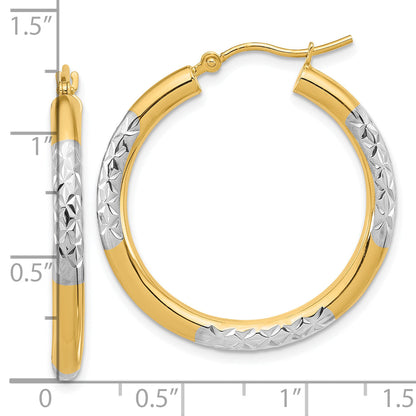 14K Yellow & Rhodium With Diamond Cut 3mm Hoop Earrings