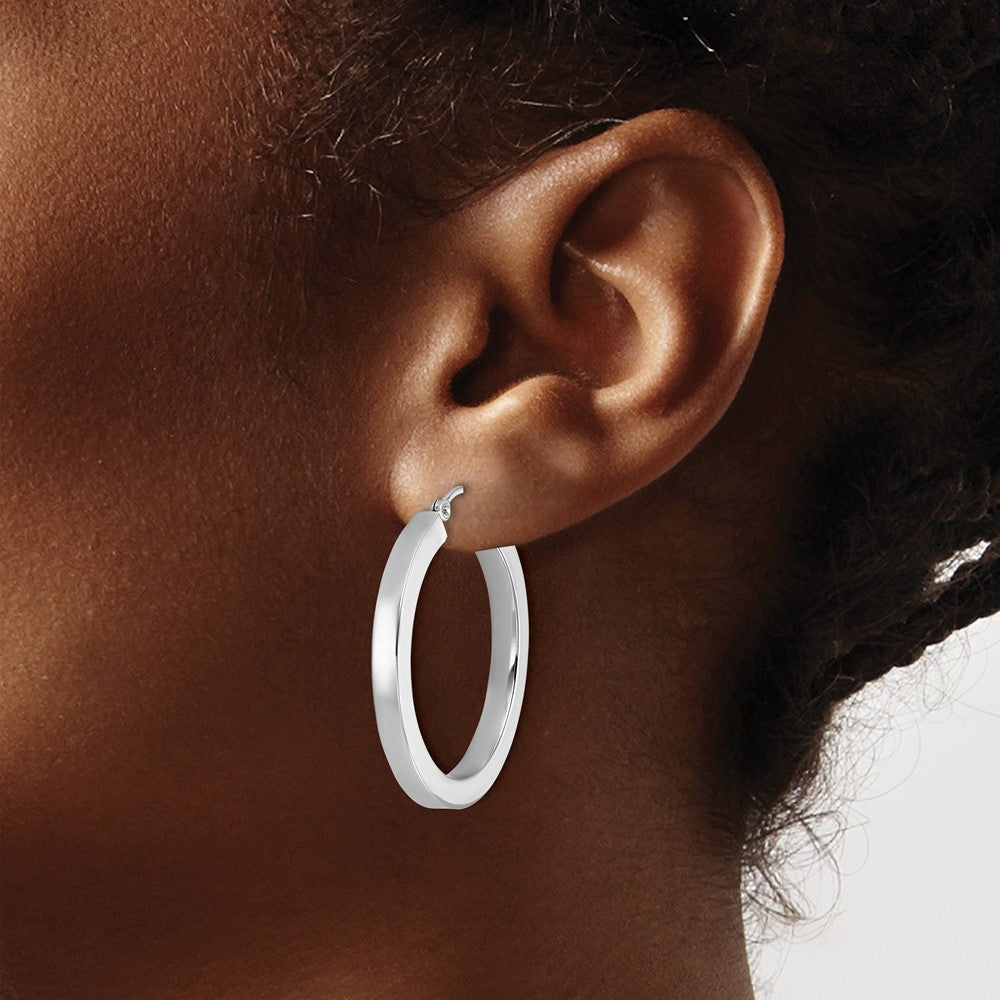 14K White Gold 3mm Polished Square Tube Hoop Earrings