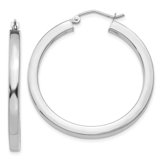 14K White Gold 3mm Polished Square Tube Hoop Earrings