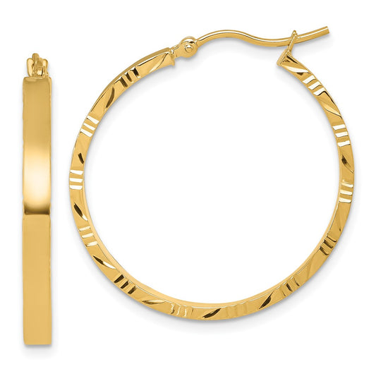 14K Yellow Gold D/C Edge Large 3mm Polished Hoop Earrings
