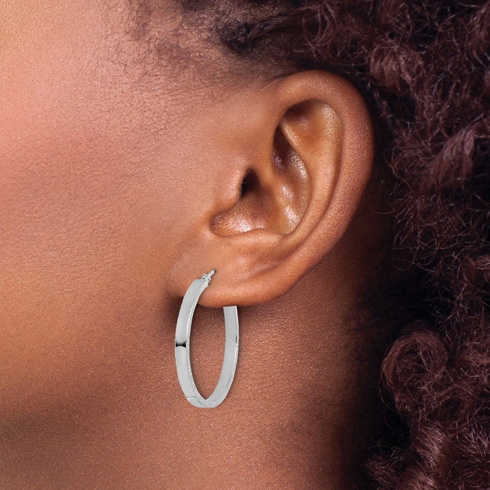 14K White Gold D/C Edge Large 3mm Polished Hoop Earrings