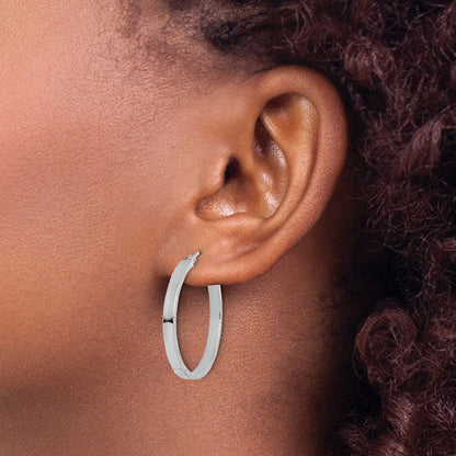 14K White Gold D/C Edge Large 3mm Polished Hoop Earrings