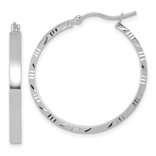 14K White Gold D/C Edge Large 3mm Polished Hoop Earrings