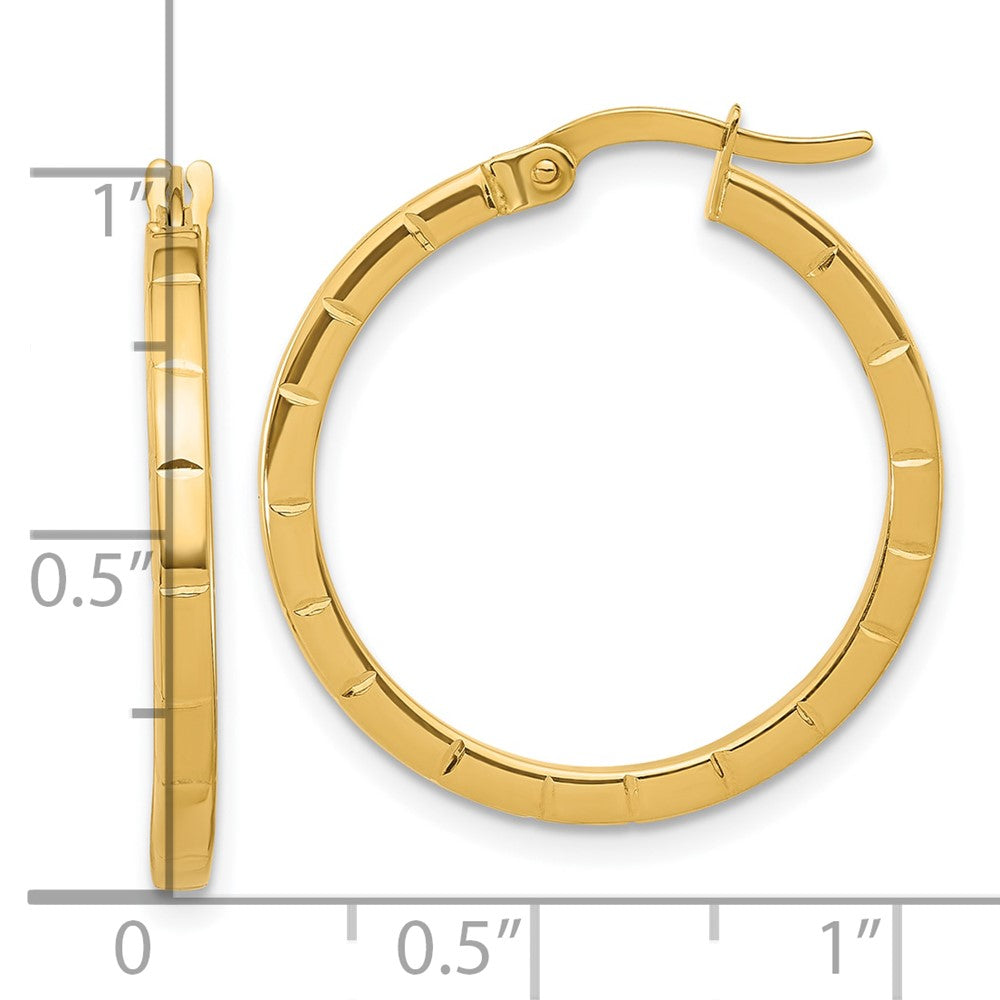 14K Yellow Gold Polished And Grooved Round Hoop Earrings