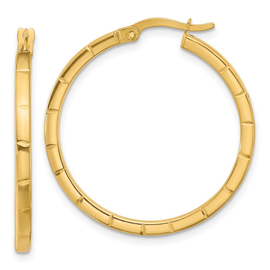 14K Yellow Gold Polished And Grooved Round Hoop Earrings