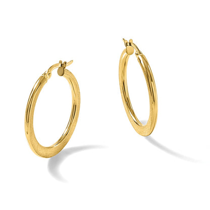 14K Yellow Gold Polished And Scratch Finish Round Hoop Earrings