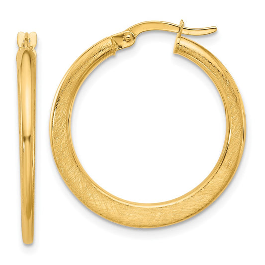 14K Yellow Gold Polished And Scratch Finish Round Hoop Earrings