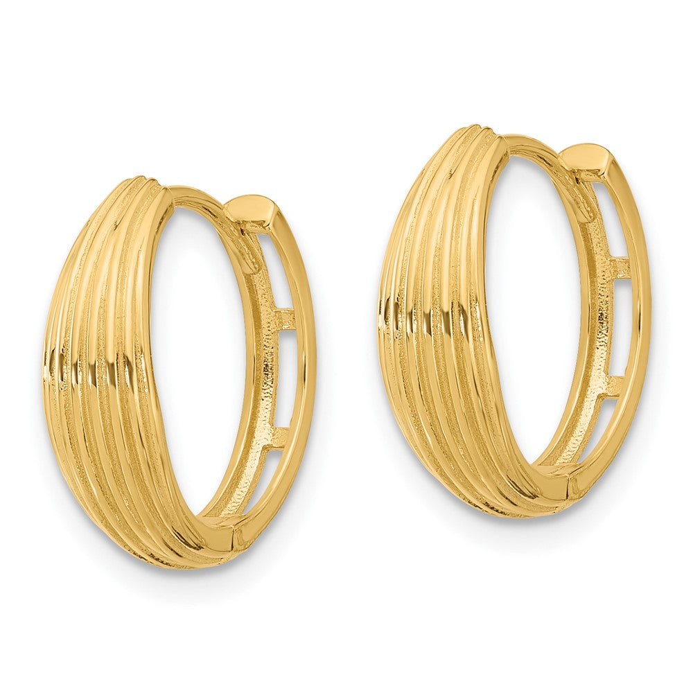 14K Yellow Gold Polished And Grooved Hinged Hoop Earrings