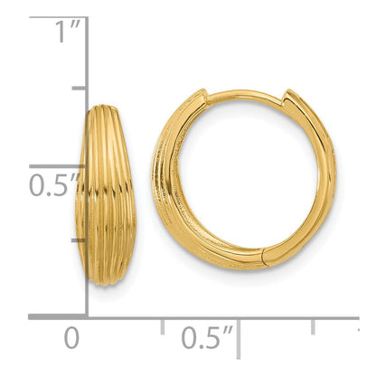 14K Yellow Gold Polished And Grooved Hinged Hoop Earrings