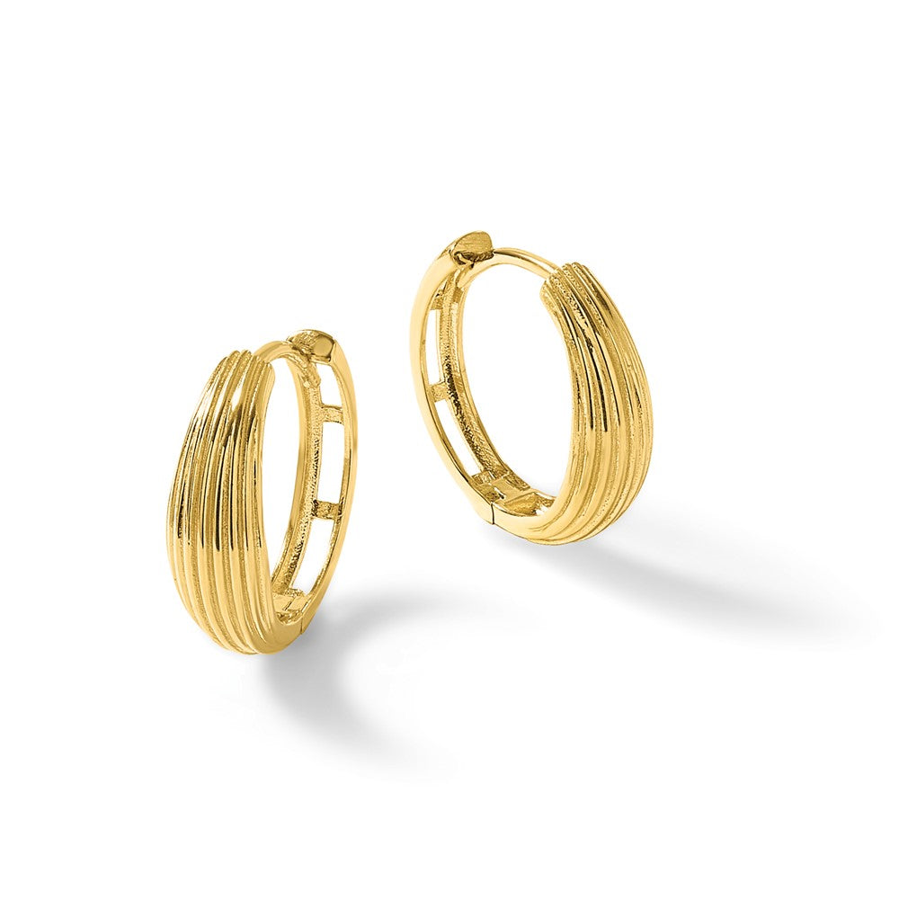 14K Yellow Gold Polished And Grooved Hinged Hoop Earrings