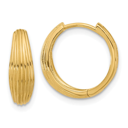 14K Yellow Gold Polished And Grooved Hinged Hoop Earrings