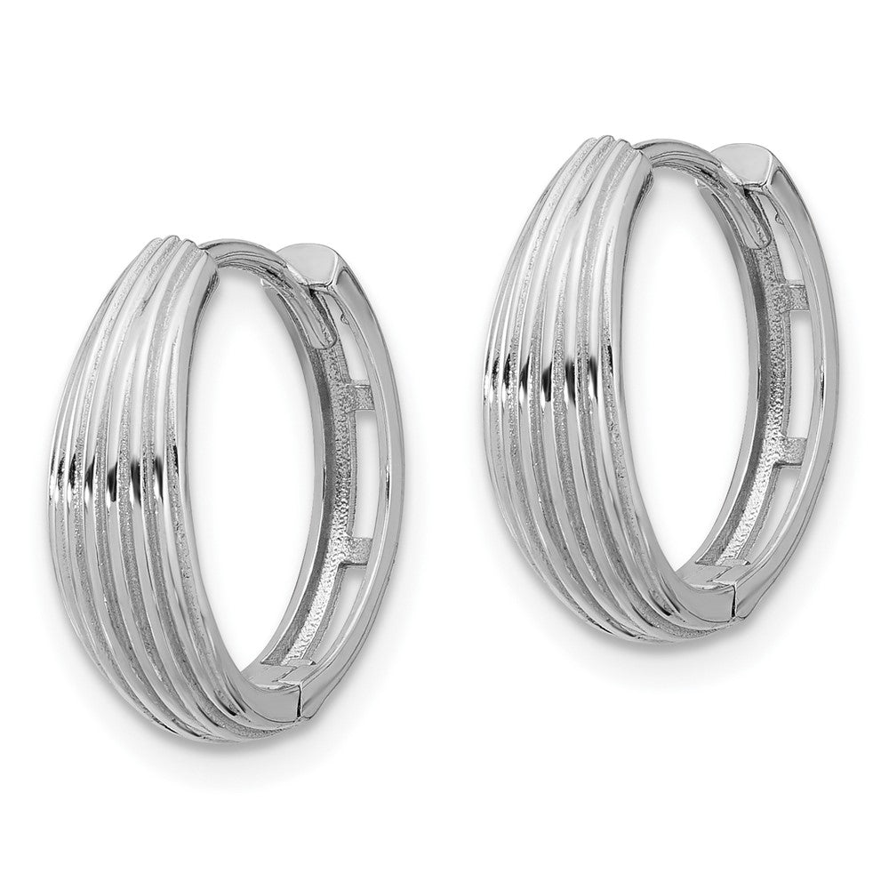14K White Gold Polished And Grooved Hinged Hoop Earrings