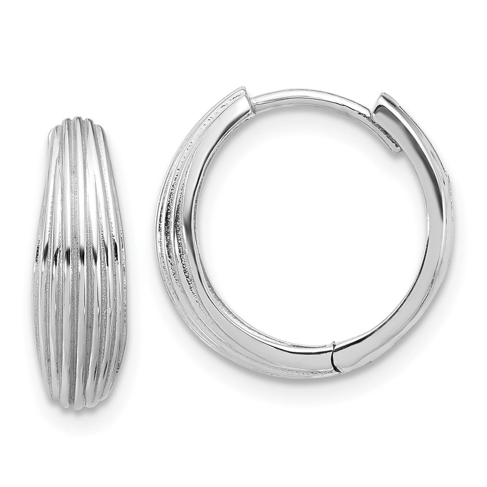 14K White Gold Polished And Grooved Hinged Hoop Earrings