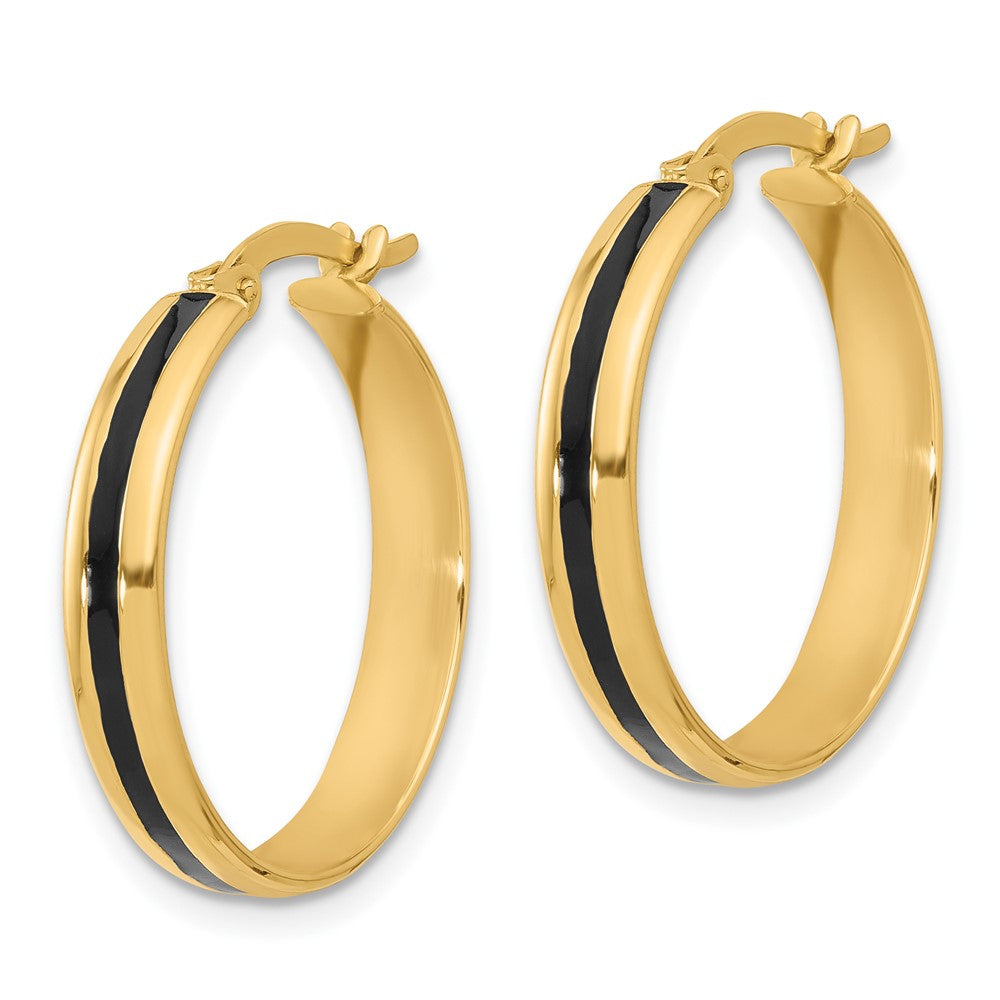 14K Yellow Gold Polished With Black Enamel Hoop Earrings