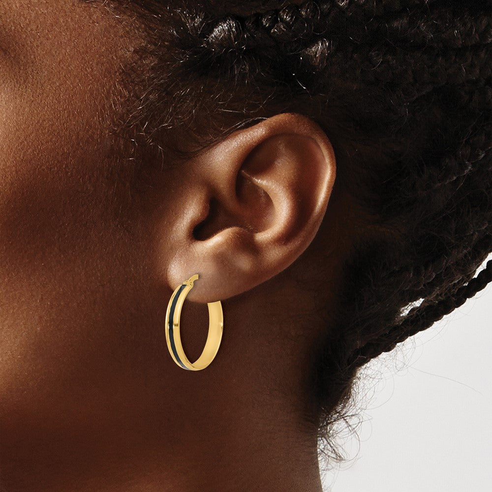 14K Yellow Gold Polished With Black Enamel Hoop Earrings