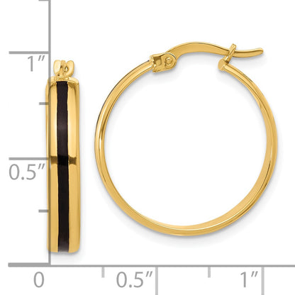 14K Yellow Gold Polished With Black Enamel Hoop Earrings