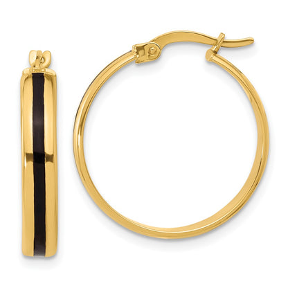 14K Yellow Gold Polished With Black Enamel Hoop Earrings