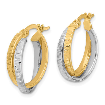 14K Two Tone Polished And Textured Bypass Hoop Earrings