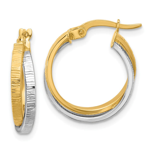14K Two Tone Polished And Textured Bypass Hoop Earrings