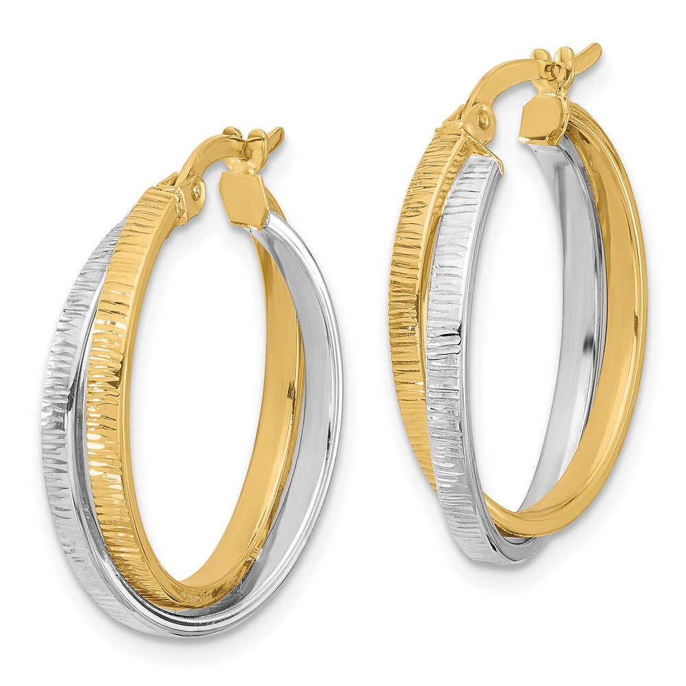 14K Two Tone Polished And Textured Bypass Hoop Earrings