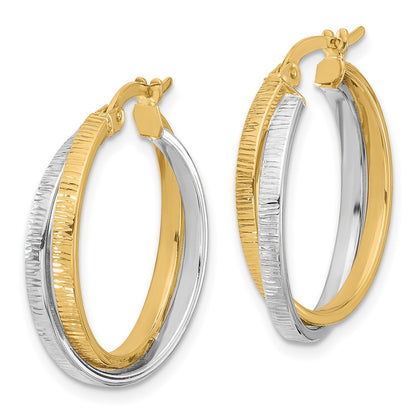 14K Two Tone Polished And Textured Bypass Hoop Earrings