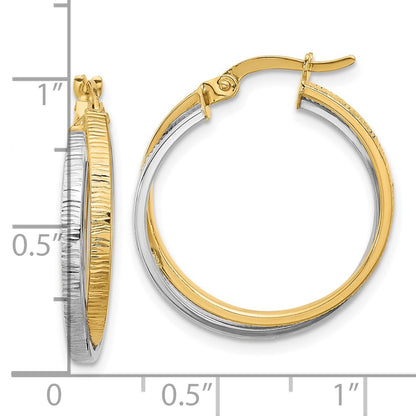 14K Two Tone Polished And Textured Bypass Hoop Earrings