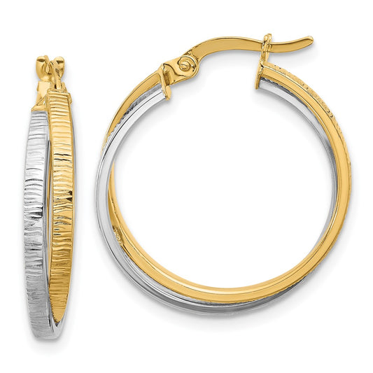 14K Two Tone Polished And Textured Bypass Hoop Earrings