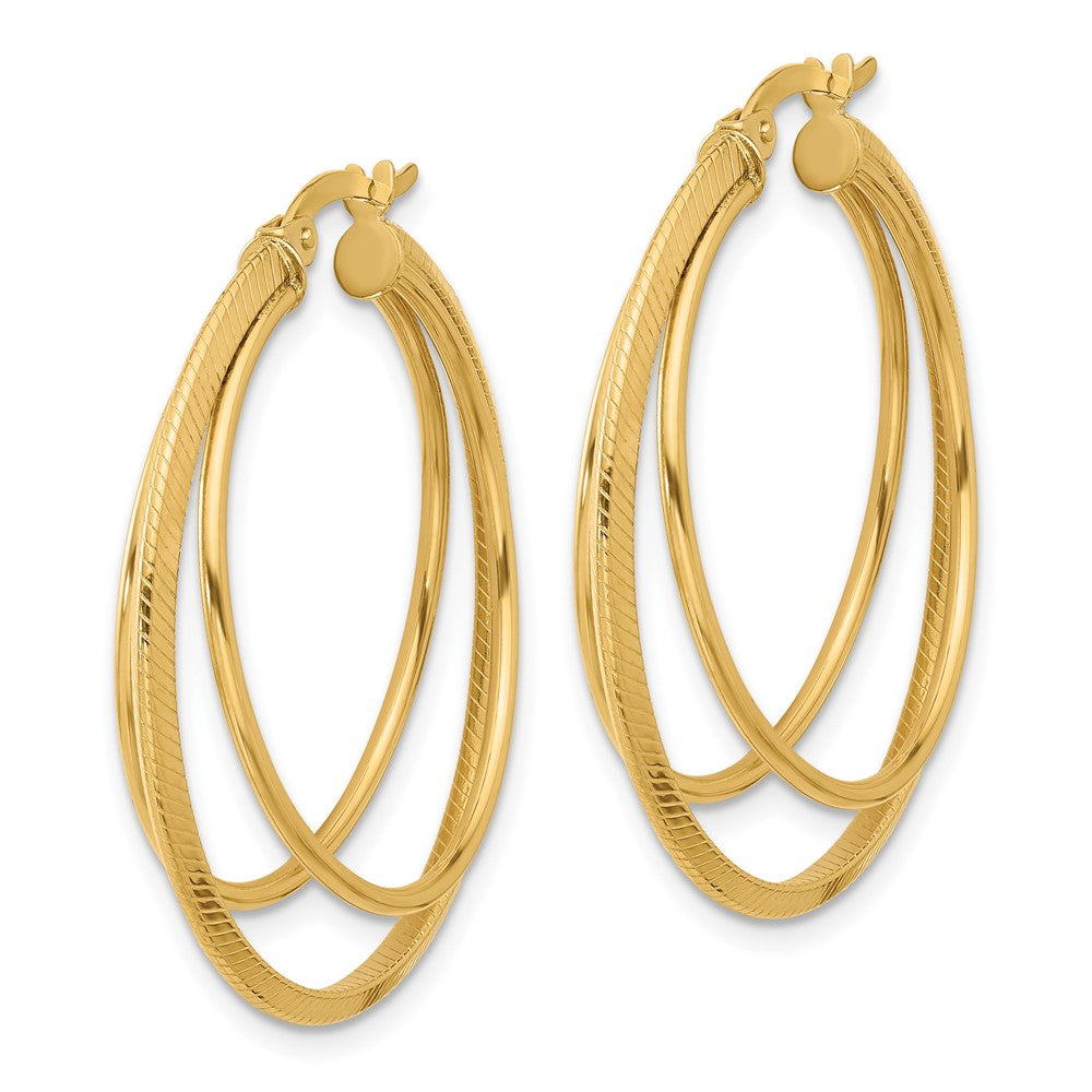 14K Yellow Gold Polished And Textured Triple Row Hoop Earrings