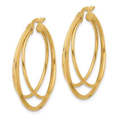14K Yellow Gold Polished And Textured Triple Row Hoop Earrings
