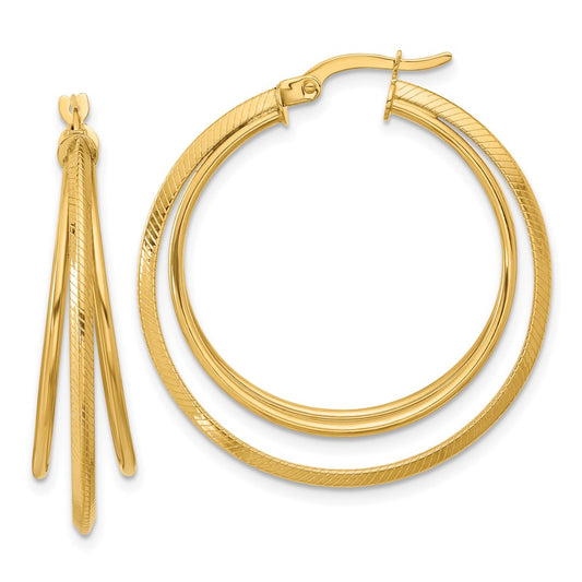 14K Yellow Gold Polished And Textured Triple Row Hoop Earrings