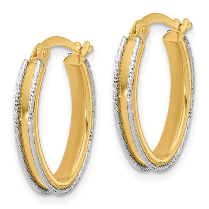 14K Two Tone Polished And Diamond Cut Oval Hoop Earrings