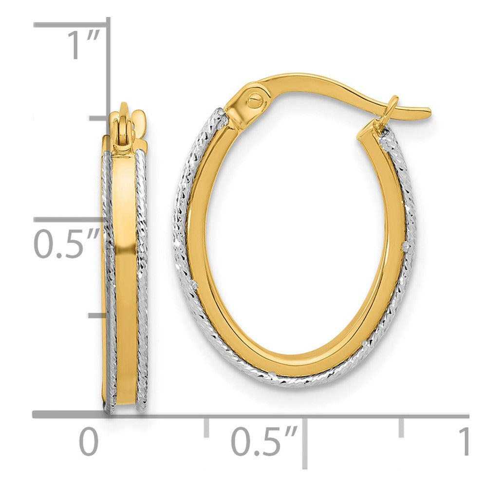 14K Two Tone Polished And Diamond Cut Oval Hoop Earrings