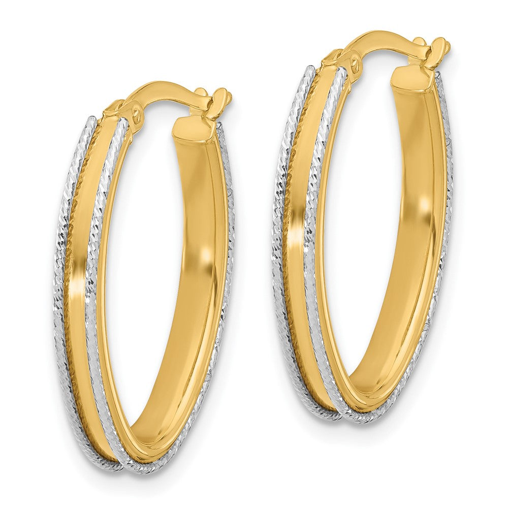 14K Two Tone Polished And Diamond Cut Oval Hoop Earrings