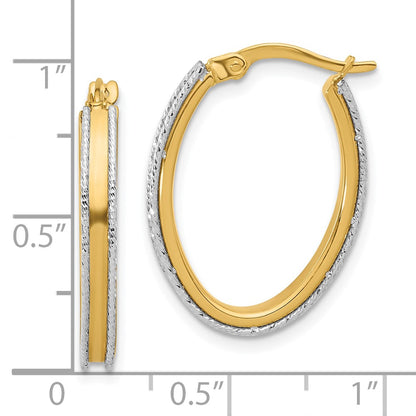 14K Two Tone Polished And Diamond Cut Oval Hoop Earrings