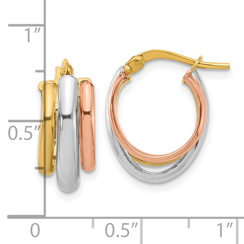 14K Yellow & Rhodium With White And Rose Gold Plating Polished 3 Row Oval Hoop Earrings