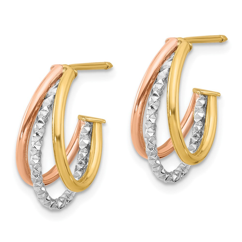 14K Yellow & Rhodium With White And Rose Gold Plating Textured 3 Row Post J Hoop Earrings