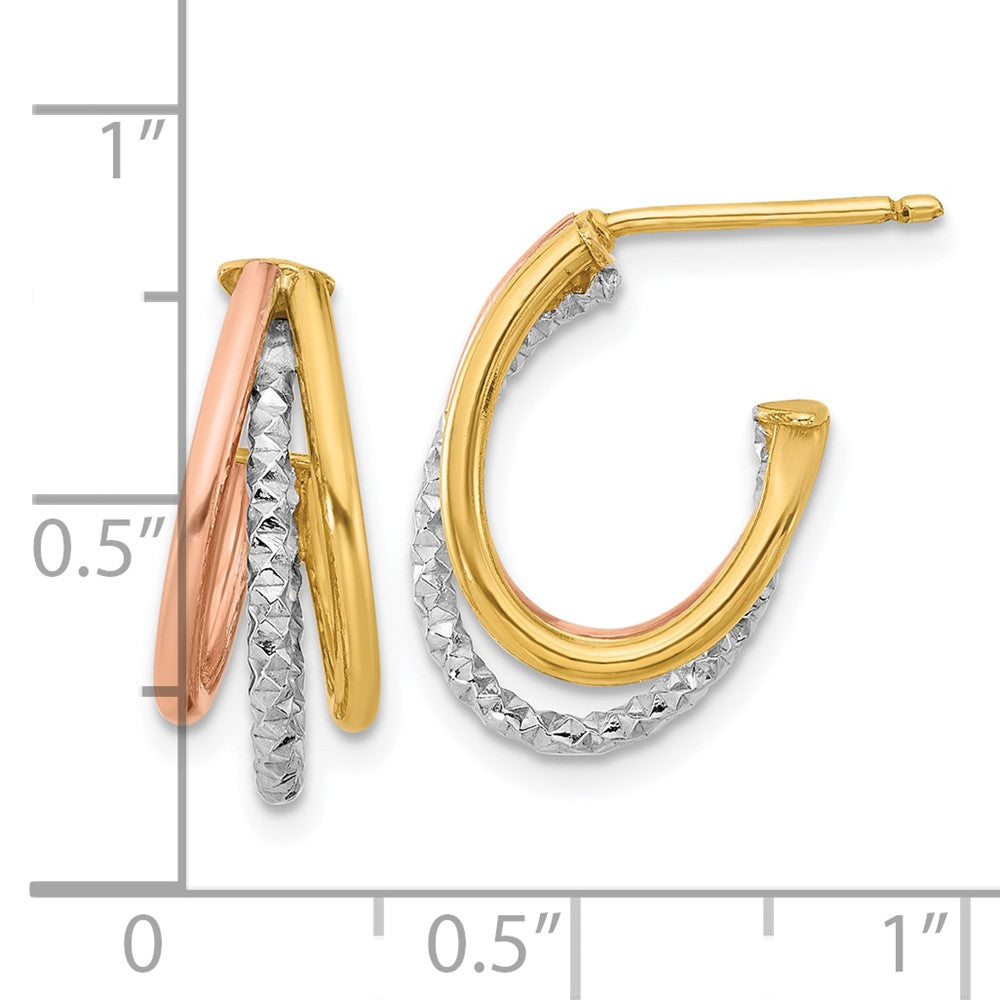 14K Yellow & Rhodium With White And Rose Gold Plating Textured 3 Row Post J Hoop Earrings