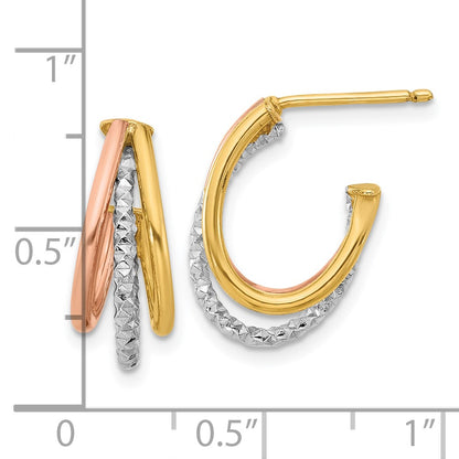 14K Yellow & Rhodium With White And Rose Gold Plating Textured 3 Row Post J Hoop Earrings