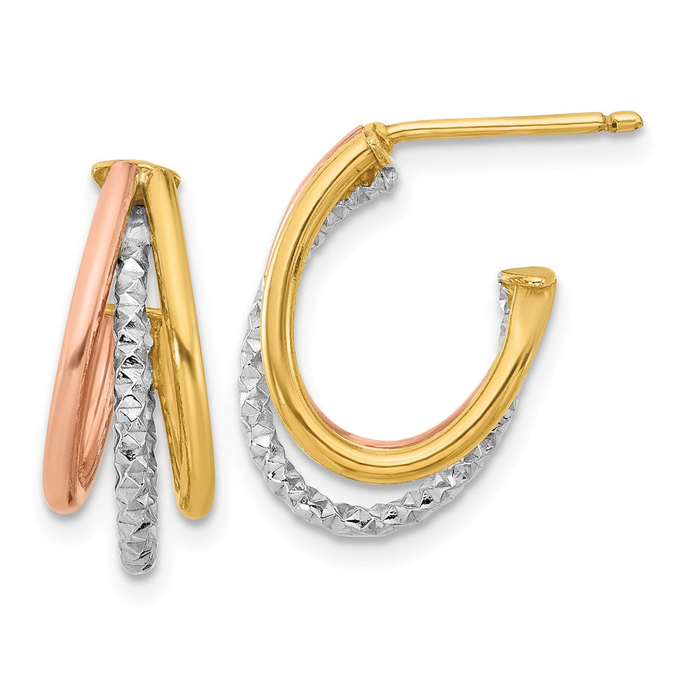 14K Yellow & Rhodium With White And Rose Gold Plating Textured 3 Row Post J Hoop Earrings
